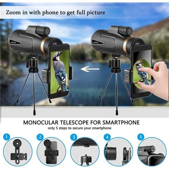 12×60 Monocular Telescope with Smartphone Holder & Upgraded Tripod, High Powered - Picture 5 of 6